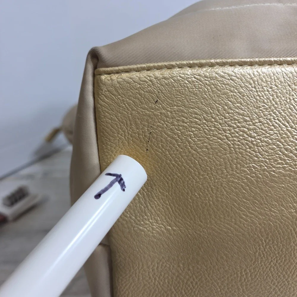 Chicos Large Tote Bag Champagne Gold Nylon Vegan Leather Weekender Travel Purse